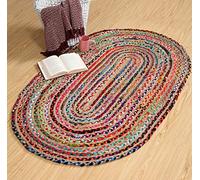 Second Nature Online Mishran Eco Friendly Small Oval Braided Rug Flat Weave Style with Natural Jute and Multi Colour Recycled Material 60 cm x 90 cm