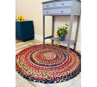 Second Nature Online Sundar Medium Round Braided Fabric Rug Hand Made Flat Weave with Multi Colour Recycled Fabric 90 cm Diameter