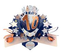 Second Nature Pop Ups 10th Birthday Card Pop Up 3D Happy Birthday Card Age 10 Today 3D For Him Personalised Pop Up - Foil Stars, Blue-Gold, White Envelope, Customised Age, Special Card