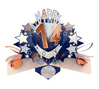 Second Nature Pop Ups 14th Birthday Card Pop Up 3D Happy Birthday Card Age 14 Today 3D For Him By Love Kate's - Blue, Gold, Envelope, Keepsake, Milestone, Teenage Boy, Personalised Age