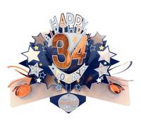 Second Nature Pop Ups 34th Birthday Card Pop Up 3D Happy Birthday Card Age 34 Today 3D For Him By Love Kate's - Foil, Envelope, Keepsake, Blue-Gold, Milestone, Men, Ready-To-Send