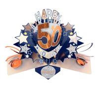 Second Nature Pop Ups 50th Birthday Card Pop Up 3D Happy Birthday Card Age 50 Today 3D For Him By Love Kate's - Blue Gold Stars, Foiled, Milestone Gift, Envelope, Personalised Age
