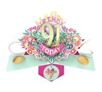 Second Nature Pop Ups 91st Birthday Card Pop Up 3D Happy Birthday Card Age 91 Today 3D For Her By Love Kate's - Pink, Gold, Florals, Blank Message Panel, Envelope Included, Personalised Age