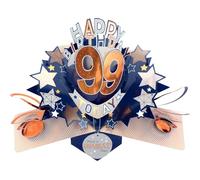 Second Nature Pop Ups 99th Birthday Card Pop Up 3D Happy Birthday Card Age 99 Today 3D For Him By Love Kate's - Foiled, Blue-Gold, Keepsake, Envelope Included, Male Milestone, Personalised Age