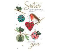 SECOND NATURE Sister Christmas Card Hand-Finished Embellished Robin With Baubles Design - Champagne Robin, Baubles, Gold Foil, Gems, Envelope Included, Festive Greetings, Sibling