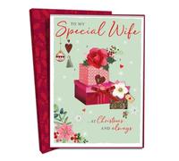 SECOND NATURE Wife Christmas Card Luxury Boxed Lavish Hand-Finished Embellished Festive Design - Lavish Foil, Poinsettias, Tissue-Lined, Keepsake, Red Envelope, Red Bow, 3D Details