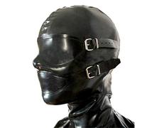 SecondSkin Black Latex Hood Mask with Removable Blindfold and Mouth Piece Gag Nose Nasal Tube Back Zipper Open Eyes Mouth Nose (with inner red nose tubes, Small, with flat mouth piece)