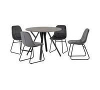 (Grey Velvet) Athens Concrete Effect/Black Round Dining Set with Lukas Chairs - Table with 4 Chairs