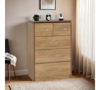 Seconique Charles 3+2 Drawer Chest Of Drawers In Oak Veneer With Dark Walnut Trim