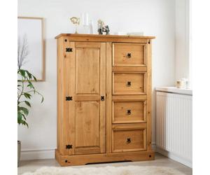 Seconique Corona 1 Door 4 Drawer Low Combi Wardrobe In Distressed Waxed Pine