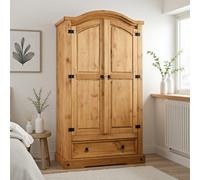 Corona 2 Door 1 Drawer Wardrobe Distressed Waxed Pine Hanging Rail Metal Handles