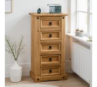 Seconique Corona 5 Drawer Narrow Chest Of Drawers Distressed Waxed Pine Metal Handles