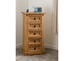 Seconique Corona 5 Drawer Narrow Chest Of Drawers Distressed Waxed Pine Metal Handles