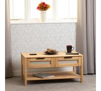 Seconique Corona Rattan 2 Drawer Coffee Table - Distressed Wax Pine/Rattan Effect, Brown