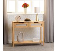 Seconique Corona Rattan 2 Drawer Console Table In Distressed Wax Pine And Rattan Effect