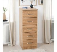 Seconique Dakota 5 Drawer Narrow Chest Of Drawers Oak Effect