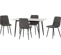 Seconique Fenton Dining Set White Marble Stone Effect With 4 Grey Suede Fabric Chairs