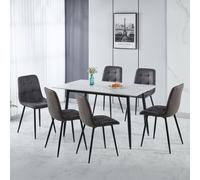 Seconique Fenton Dining Set White Marble Stone Effect With 6 Dark Grey Suede Fabric Chairs