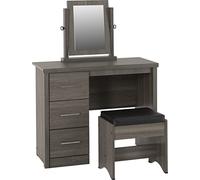 Seconique Lisbon 3Pc Dressing Table Set (With Mirror) in Black Wood Grain/Black Pu