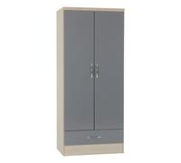 Seconique Nevada 2 Door 1 Drawer Wardrobe - Grey Gloss and Light Oak