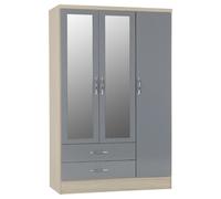 Seconique Nevada 3 Door 2 Drawer Mirrored Wardrobe - Grey Gloss and Light Oak