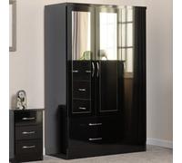 Seconique Nevada 3 Door 2 Drawer Mirrored Wardrobe In Black Gloss Finish