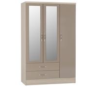 Seconique Nevada 3 Door 2 Drawer Wardrobe - Oyster Gloss/Light Oak Effect Veneer, Brown