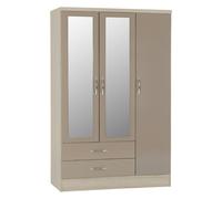 Seconique Nevada 3 Door 2 Drawer Mirrored Wardrobe - Oyster Gloss and Light Oak
