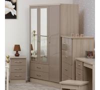 Seconique Wardrobe Nevada 3-Door 2-Drawer – Oyster Gloss & Light Oak Effect Veneer, Brown