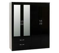Seconique Nevada 4 Door 2 Drawer Mirrored Wardrobe - Black Gloss