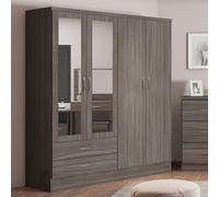 Seconique Nevada 4 Door 2 Drawer Black Wood Grain Mirror Wardrobe - Size: 4 Door, 2 Drawer - Wilko