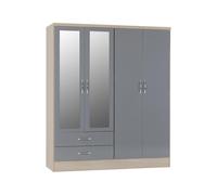 Seconique Nevada 4 Door 2 Drawer Wardrobe - Grey Gloss/Light Oak Effect Veneer, Grey