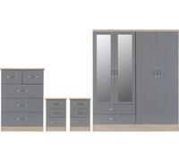 Seconique Nevada 4 Door Wardrobe 4 Piece Bedroom Set - Grey Gloss and Light Oak