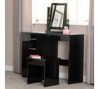 Nevada 4 Drawer Dressing Table Set Mirror Stool in Black Gloss Finish PU Leather