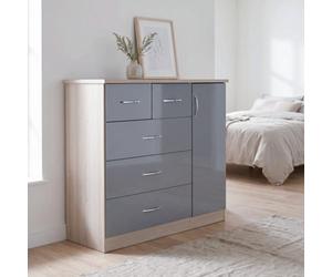 Seconique Nevada 5 Drawer 1 Door Low Wardrobe Grey Gloss And Light Oak Effect Veneer
