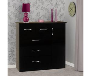 Seconique Nevada 5 Drawer 1 Door Low Wardrobe In Black Gloss Finish