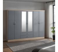 Nevada 6 Door 2 Drawer Mirrored Wardrobe - Grey Gloss, Light Oak