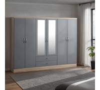 Seconique Nevada 6 Door 2 Drawer Wardrobe - Grey Gloss/Light Oak Effect Veneer, Grey