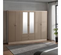 Seconique Nevada 6 Door 2 Drawer Mirrored Wardrobe In Oyster Gloss And Oak Effect Finish