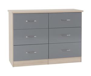 Seconique Nevada 6 Drawer Chest in Grey Gloss/Light Oak Effect Veneer
