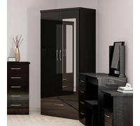Seconique Nevada Mirrored 2 Door 1 Drawer Wardrobe in Jet Black Seconique Jet Black