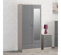 Seconique Nevada Mirrored 2 Door 1 Drawer Wardrobe Grey And Oak Effect