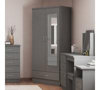 Seconique Nevada Mirrored 2 Door 1 Drawer Wardrobe In 3D Effect Grey Finish