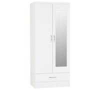 Nevada Mirrored 2 Door 1 Drawer Wardrobe White Gloss Hanging Rail Storage