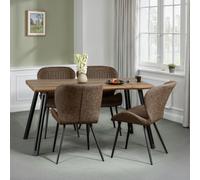 Seconique Quebec Wave Edge Dining Set with 4 Dining Chairs in Medium Oak Effect/Brown Pu