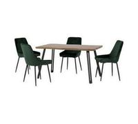 Quebec Wave Edge Dining Table + 4 Avery Chairs Set - Oak Effect & Green Velvet