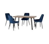 Quebec Wave Edge Dining Table + 4 Avery Chairs Set - Oak Effect & Blue Velvet