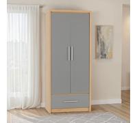 Seconique Seville 2 Door 1 Drawer Wardrobe in Grey Gloss/Light Oak, none