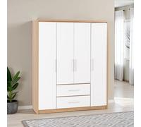 Seconique Seville 4 Door 2 Drawer Wardrobe - White Gloss/Light Oak Effect Veneer, White