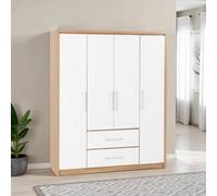 Seconique Seville 4 Door 2 Drawer Wardrobe White High Gloss And Light Oak Effect Veneer